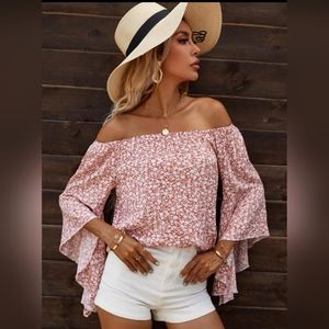 Pink and white off the shoulder bell sleeve top